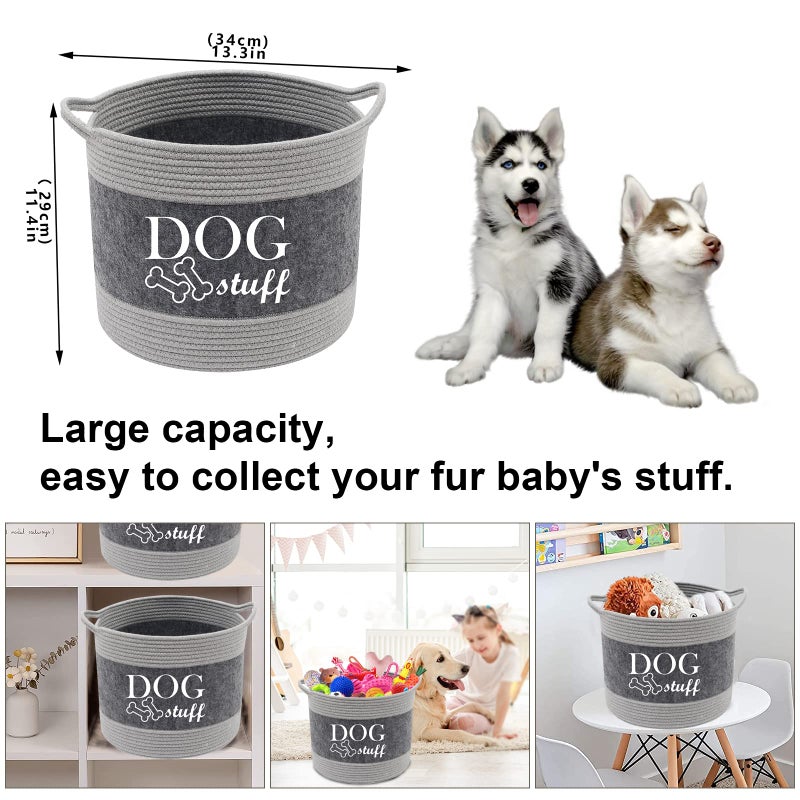 Morezi Cotton felt round dog toy box and dog toy basket storage with handle, doggie toy bin - Good idea for organizing pet toys, blankets, leashes, clothing, dry food and any doggie stuff - Image 3